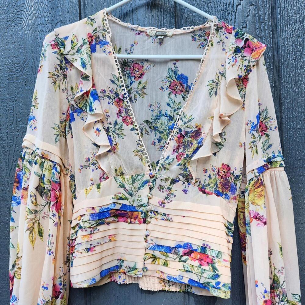Gimmicks Floral Blouse Ruffle Trim Long Sleeve‎ Sheer Top Small